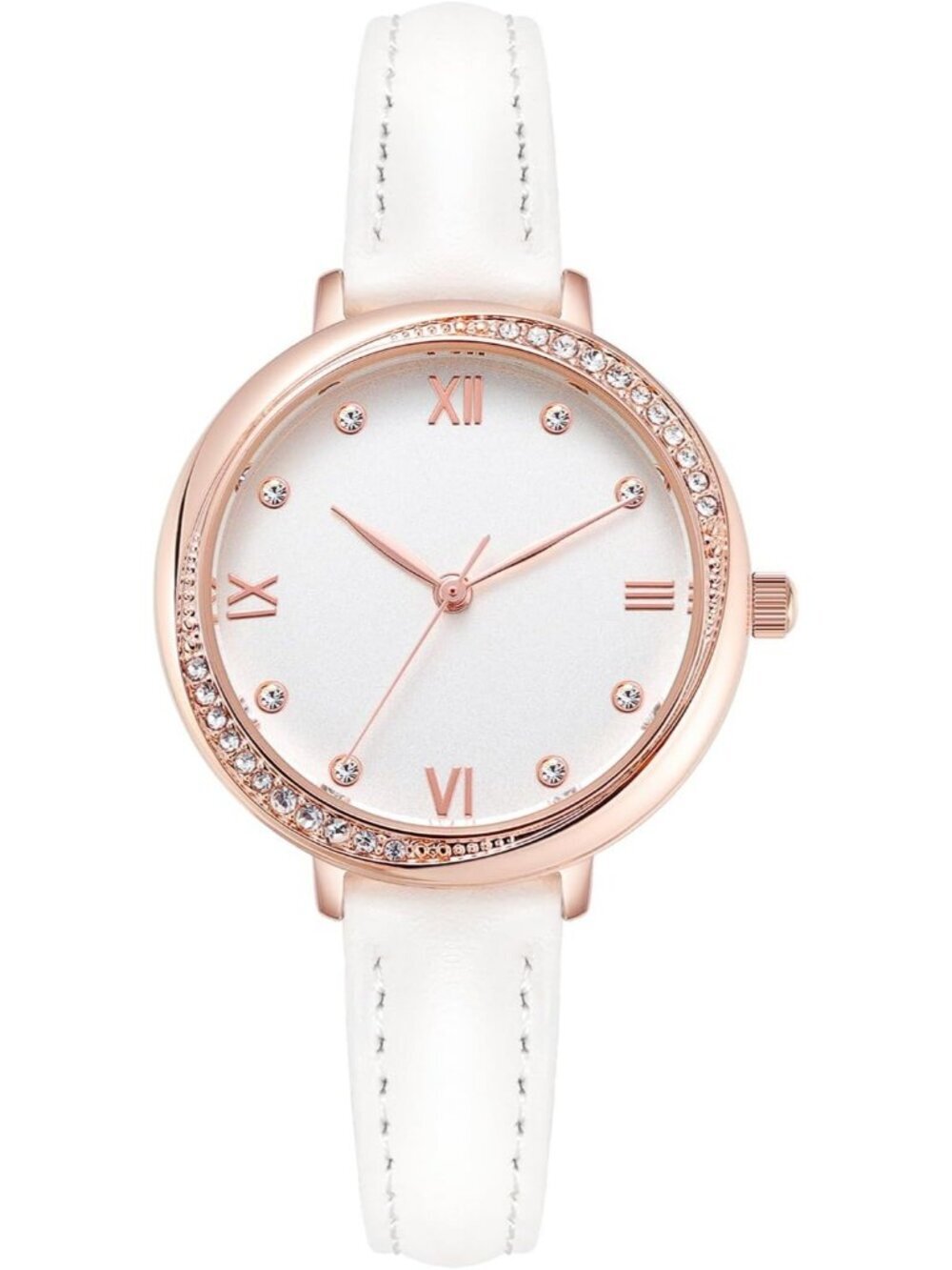 Women's White And Rose Gold Analog Leather Strap Crystal Accented Silicone Watch